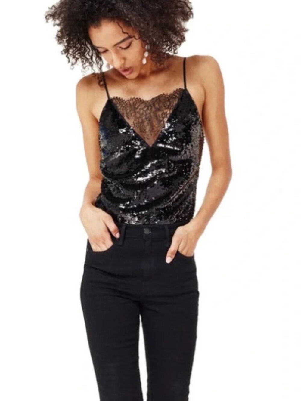 CAMI NYC Black Trish Sequin Lace Bodysuit Size S
